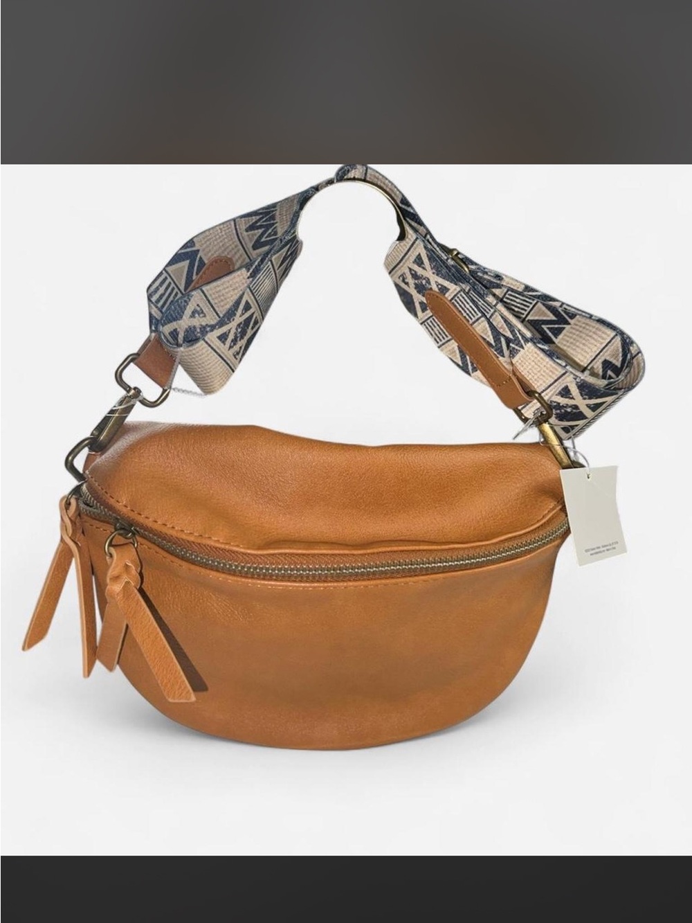 Fashion Tidbits Tan Crossbody Bag Geometric Woven Strap Boho Vegan Leather NWT